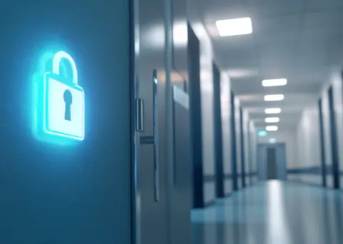 Ein Flur mit einem Sicherheitsschloss vor dem Zutritt über die Tür.