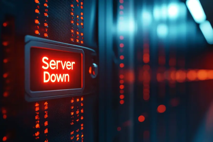Ein rotes Server-Down-Schild vor einem Serverschrank.