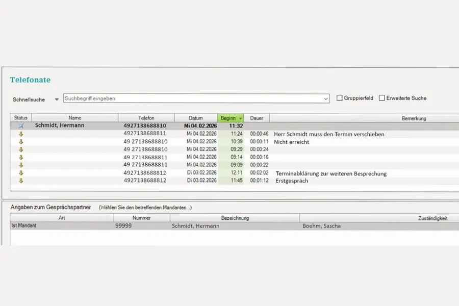 Das Bild zeigt die Benutzeroberfläche der Telefonie.