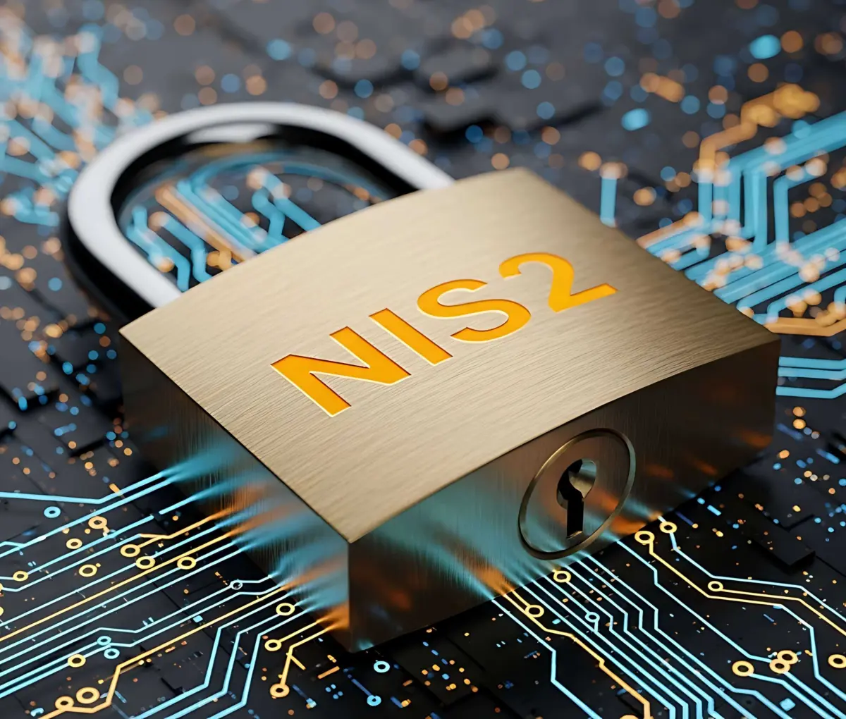 Ein abstraktes Foto zum Thema NIS 2 - zu sehen ein Vorhängeschloss und Datenlinien
