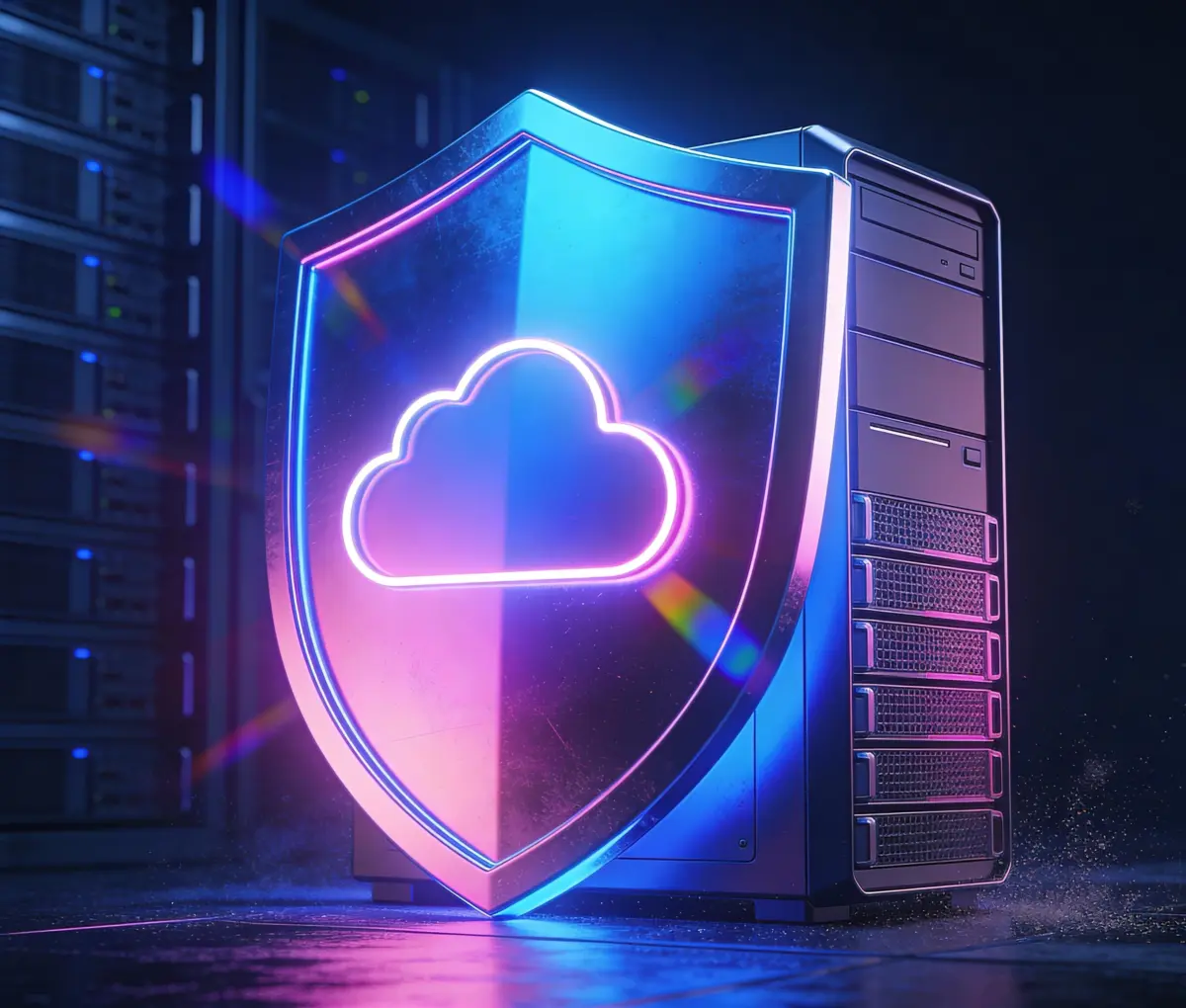 Zu sehen ist ein fiktives Schutzschild, die eine Wolke "Cloud" enthält.