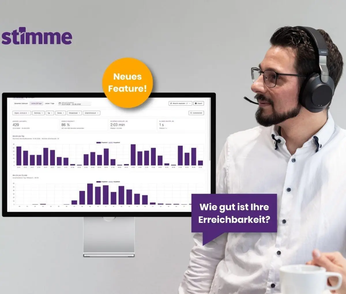 Ein Mitarbeiter telefoniert mit Headset und auf einem Monitor ist eine Gespraechsstatistik zu sehen.