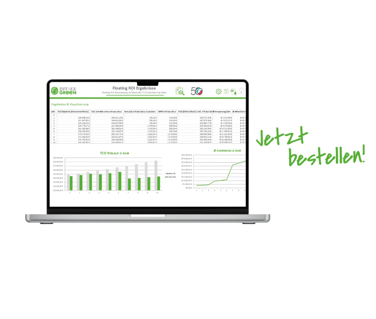 Zu sehen ist ein Laptop, der das Tool "E-Flotte Investcheck" abbildet.